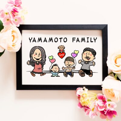 「YAMAMOTO FAMILY」の文字、夫婦と息子さんたち、犬のキャラ風似顔絵