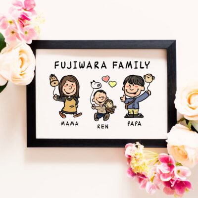 「FUJIWARA FAMILY」の文字、夫婦と息子さんのキャラ風似顔絵