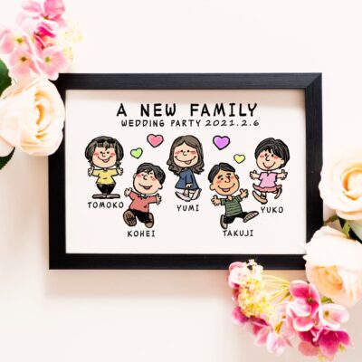 「A NEW FAMILY WEDDING PARTY 2021.2.6」の文字、ご家族のキャラ風似顔絵