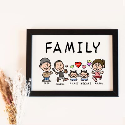 「FAMILY」の文字、夫婦と3人の子供のキャラ風似顔絵