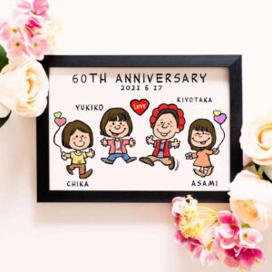 「60TH ANNIVERSARY 2021 6 17」の文字、ご夫婦とお子様のキャラ風似顔絵、赤い頭巾をかぶって。