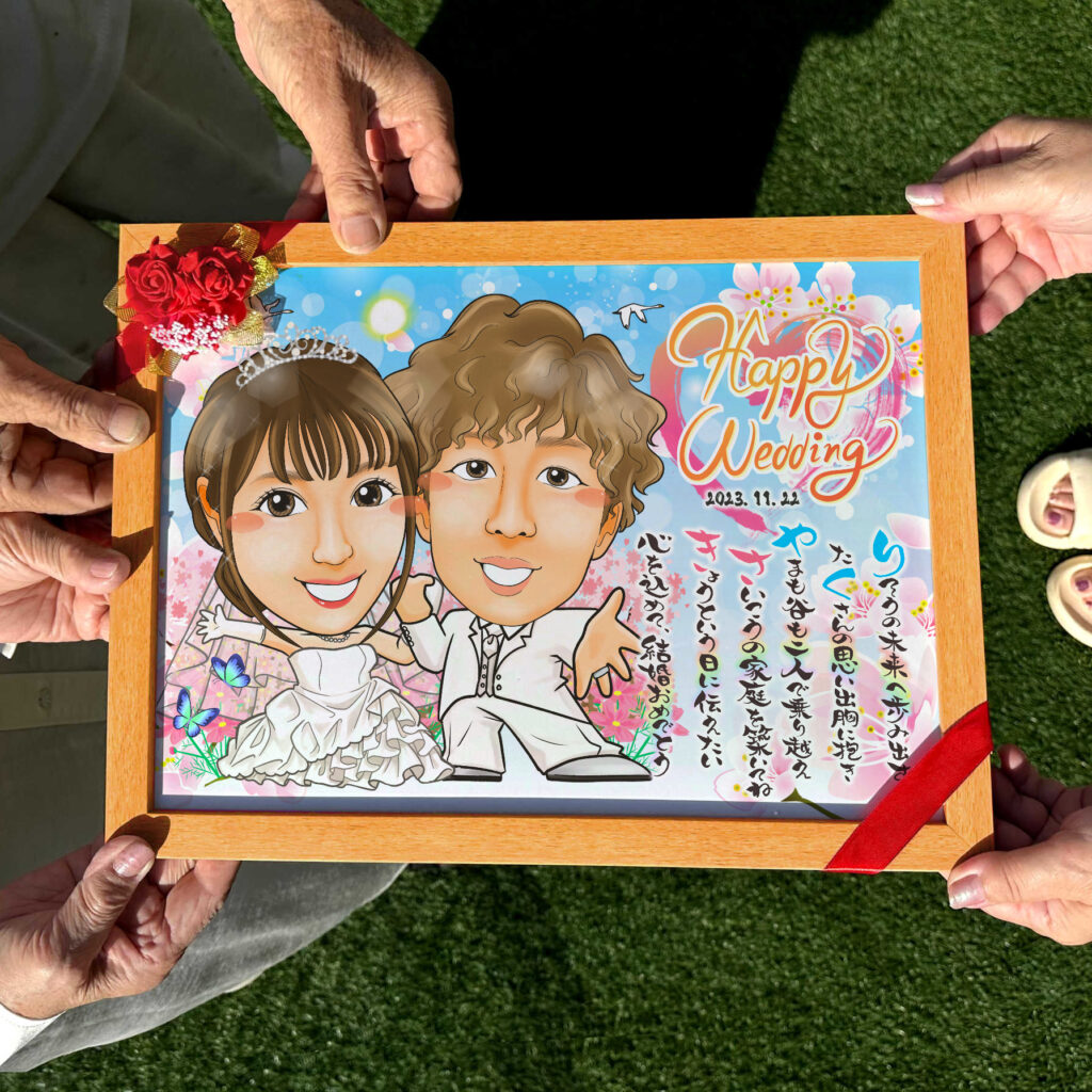 可愛い似顔絵プレゼント作品ギャラリー★結婚祝いに人気!【両親贈呈品・サンクスボード】・【2名様】・【青空に舞い散る桜】 作品サンプル8