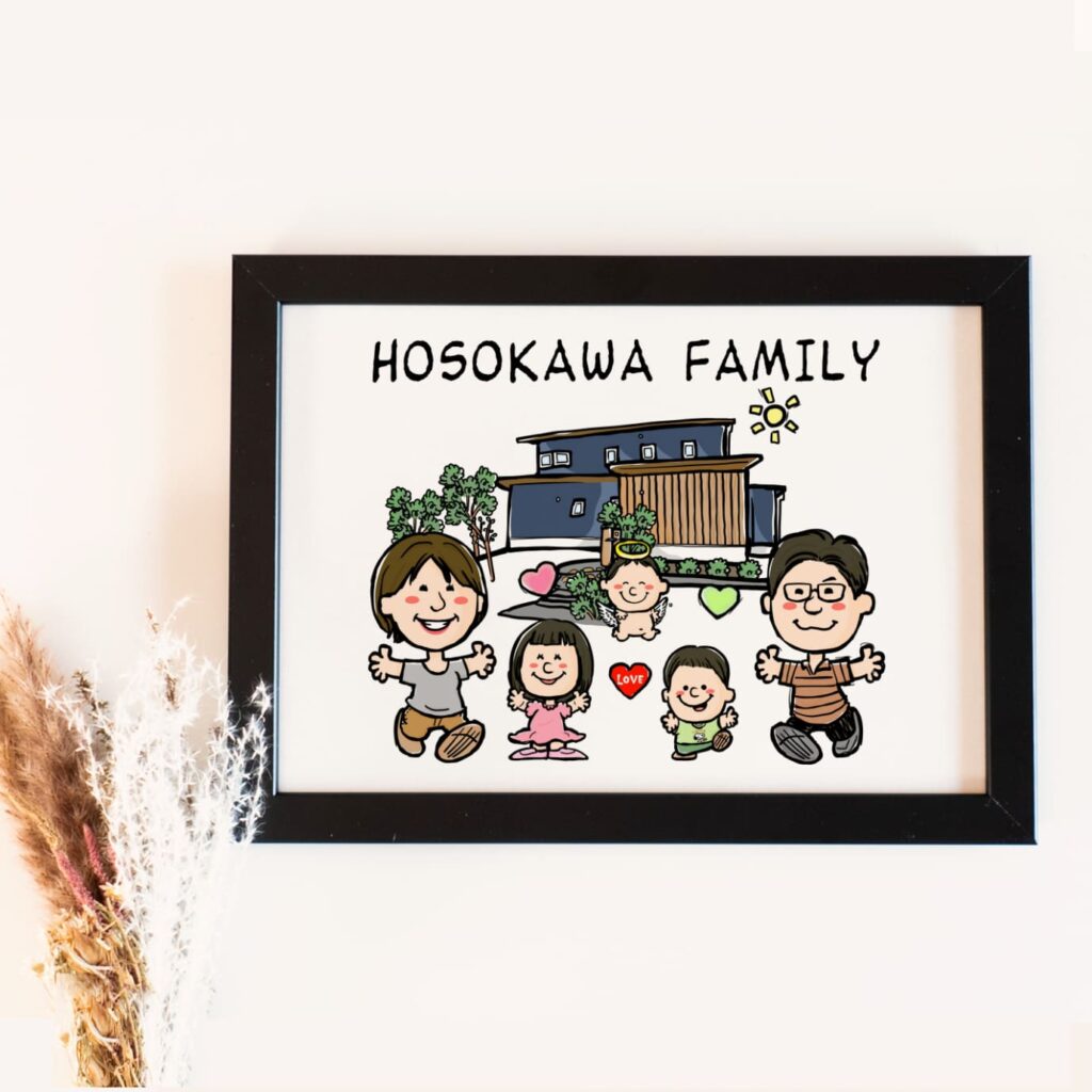 亡くなった大切な人と家族が並ぶ似顔絵作品 家族の絆を残すメモリアル似顔絵