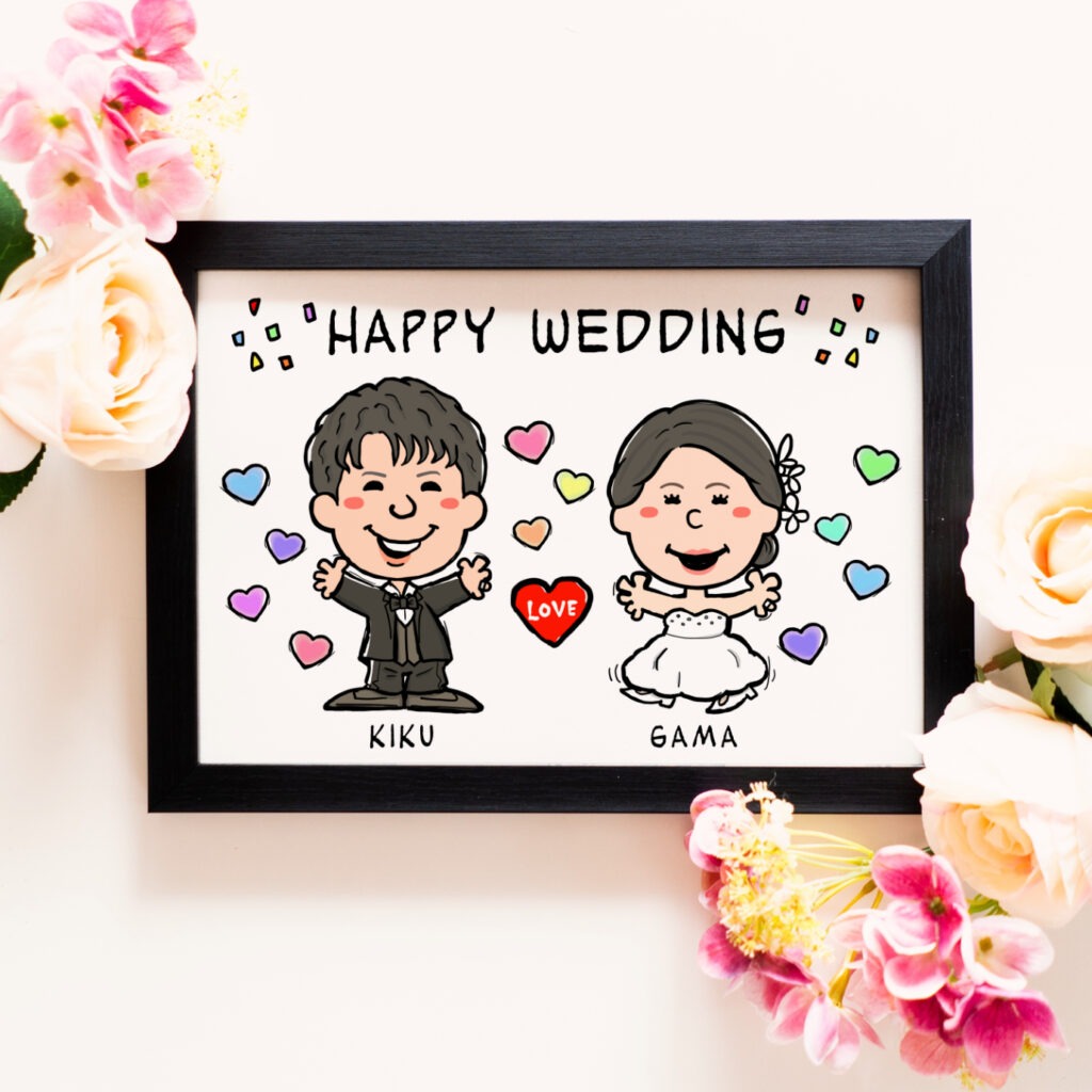 結婚式で笑顔を見せる新郎新婦のウェルカムボード似顔絵