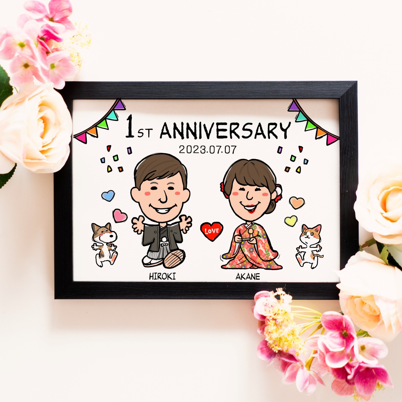世界で1枚の手描きのオーダーメイド似顔絵★家族一緒に★結婚記念日★お祝い 結婚記念日の夫婦似顔絵｜2人の大切な節目を残すオーダーメイド記念作品