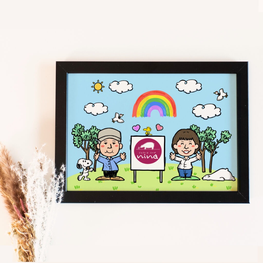 退職祝いで2人が並んで笑顔の似顔絵 退職記念2人用似顔絵イラスト