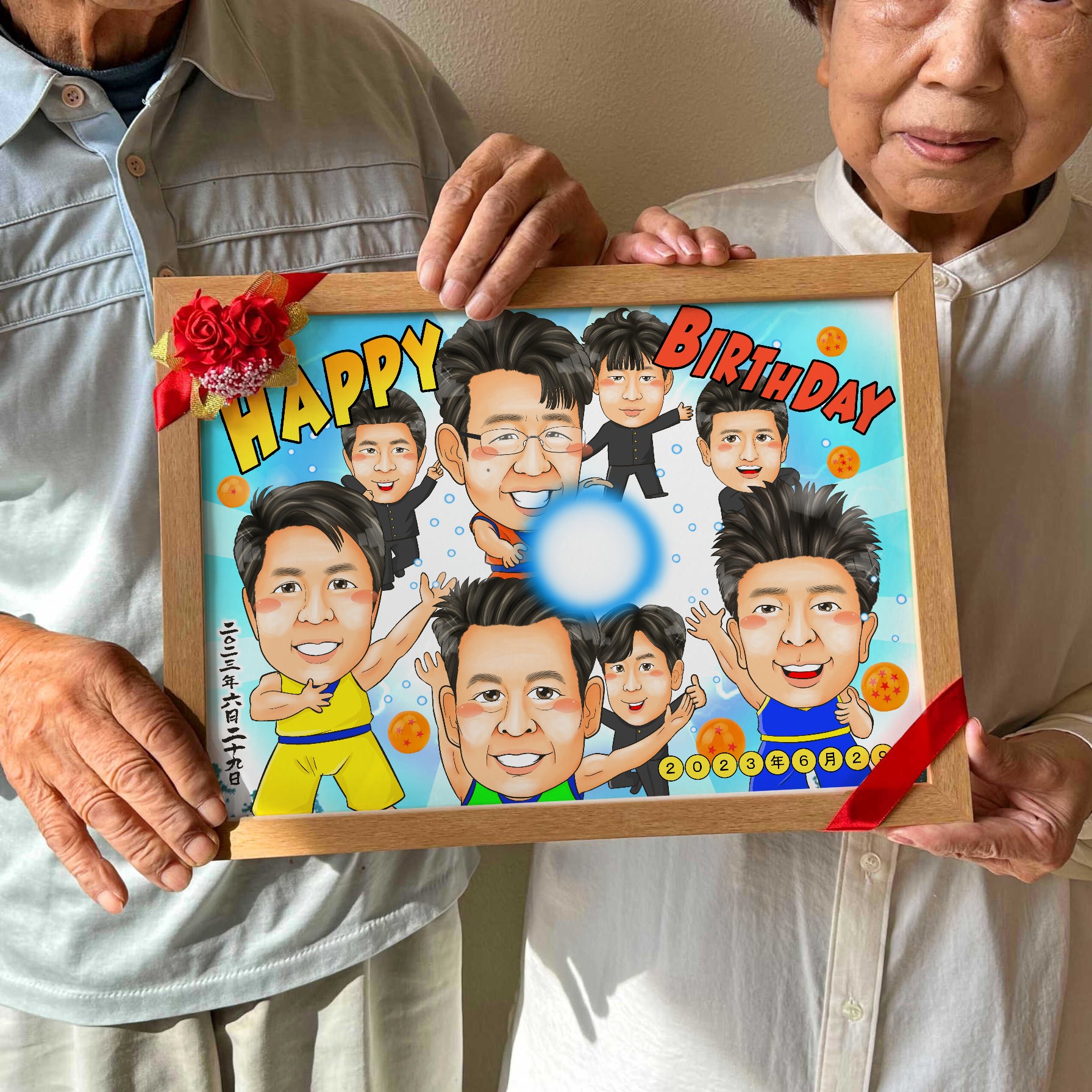 ドラゴンボール風の世界でポーズを決める大人数似顔絵
