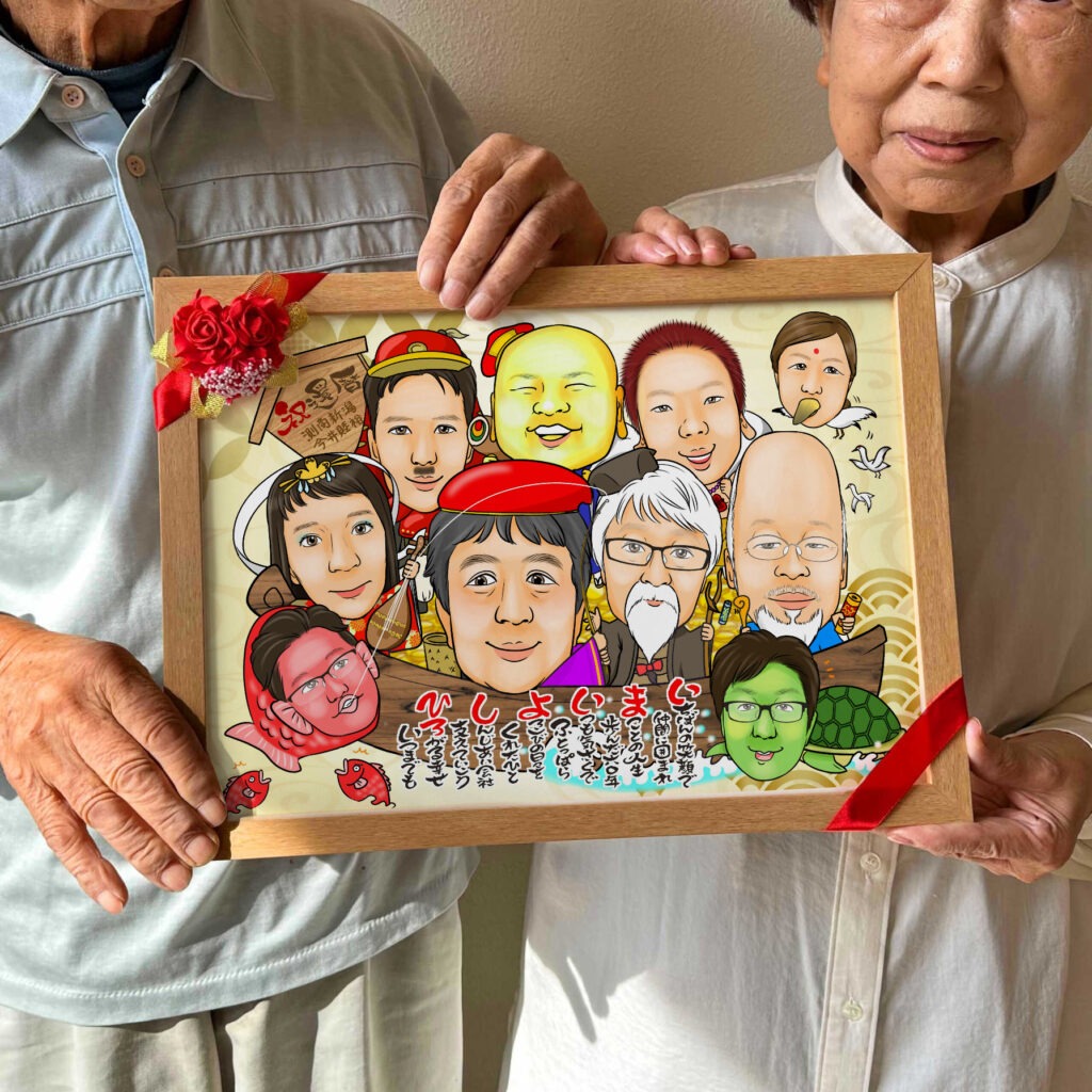 七福神の衣装を着た家族や仲間が並ぶ大人数似顔絵