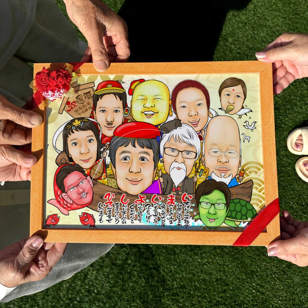 七福神になりきった大人数の縁起の良い似顔絵