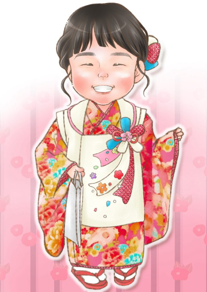 _ 似顔絵 椎名美月3-七五三の似顔絵。ピンクの着物を着た女の子。全身