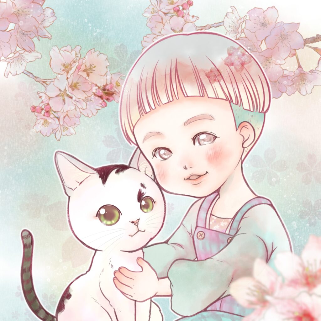 _ 似顔絵 椎名美月5-春の記念似顔絵。桜の背景に男の子と猫が描かれている。