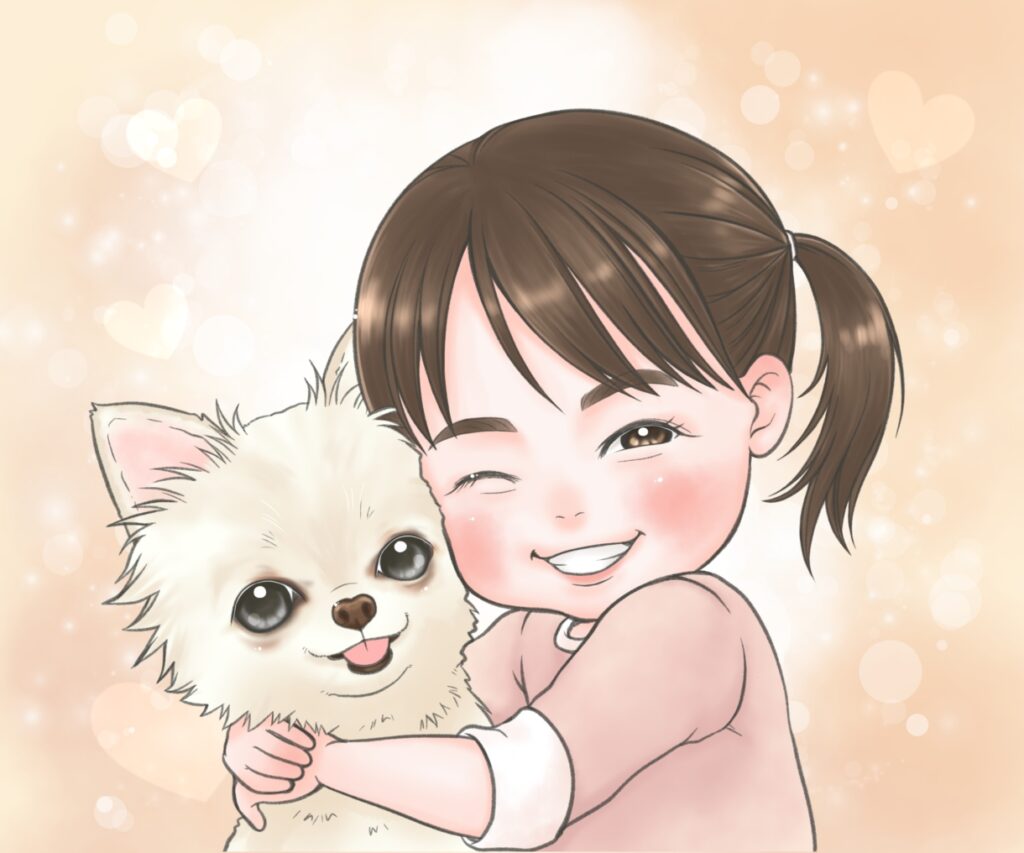 似顔絵 椎名美月6-女の子とポメラニアン。笑顔で抱っこしている似顔絵。