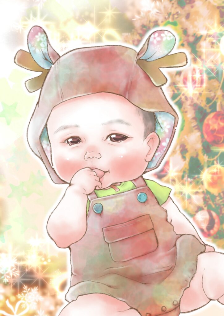 似顔絵 椎名美月7-クリスマスの似顔絵。トナカイの帽子をかぶった赤ちゃん。