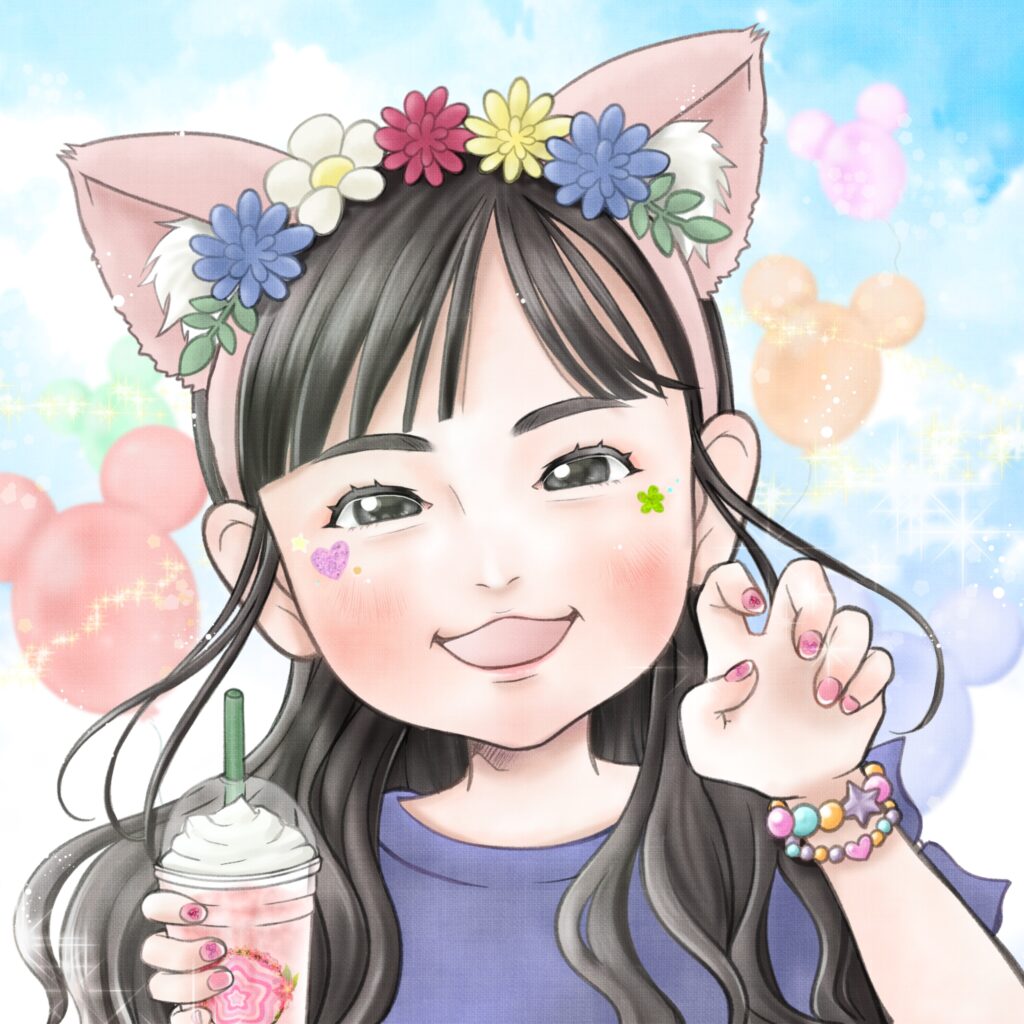 _ 似顔絵 椎名美月9-テーマパークで撮ったお気に入りの写真の似顔絵。猫耳をつけた女の子。ドリンクを持っている