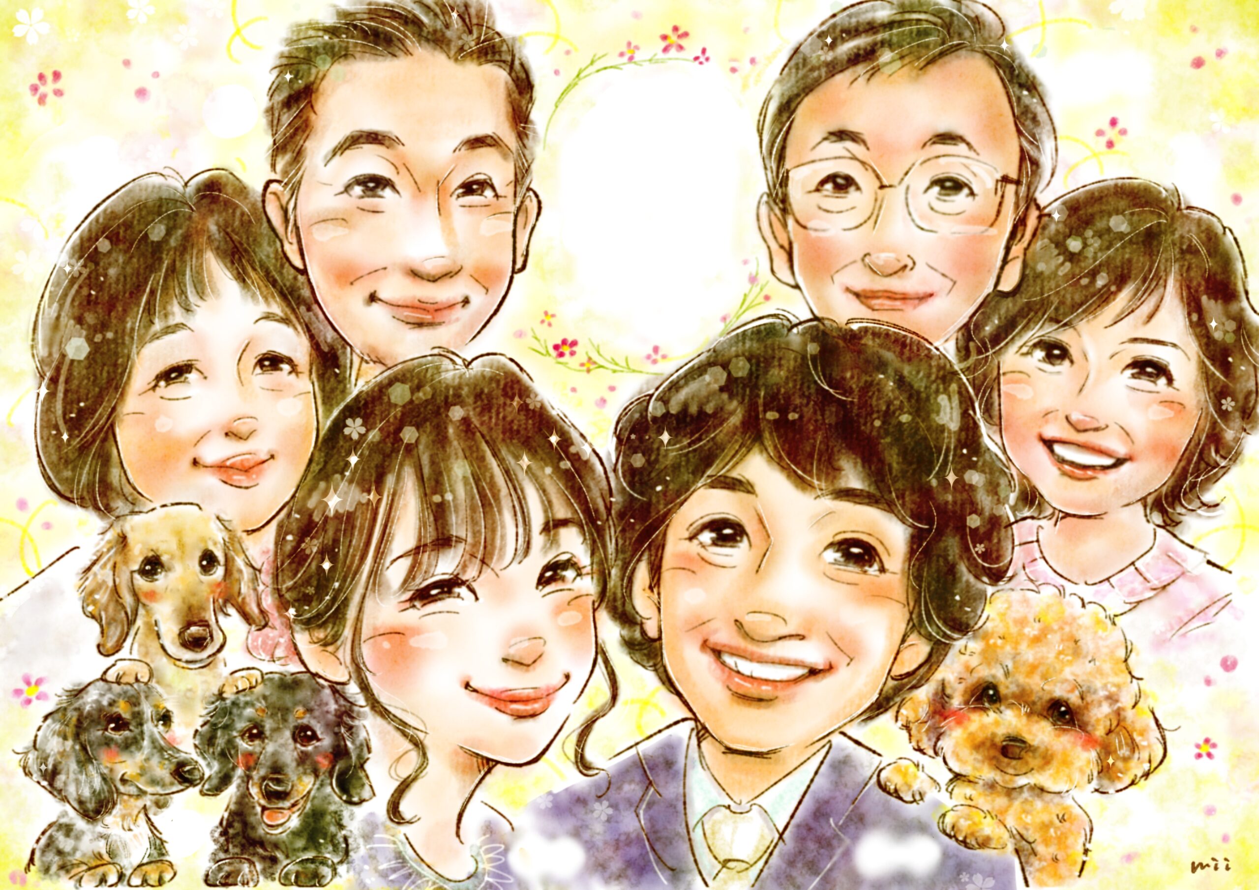 結婚式の似顔絵(人6名、犬4匹) 両家に渡す記念の贈り物として