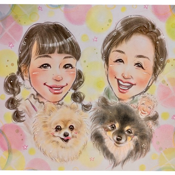 似顔絵作家 mii (7)大人2名、犬2匹の似顔絵