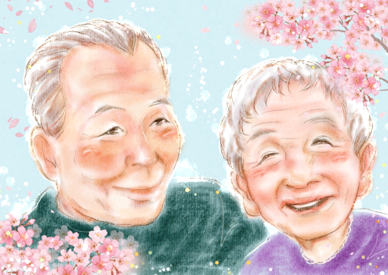 ヘッダー画像 お年寄り2名の似顔絵 亡くなった祖父母がいつまでも一緒でいられますように