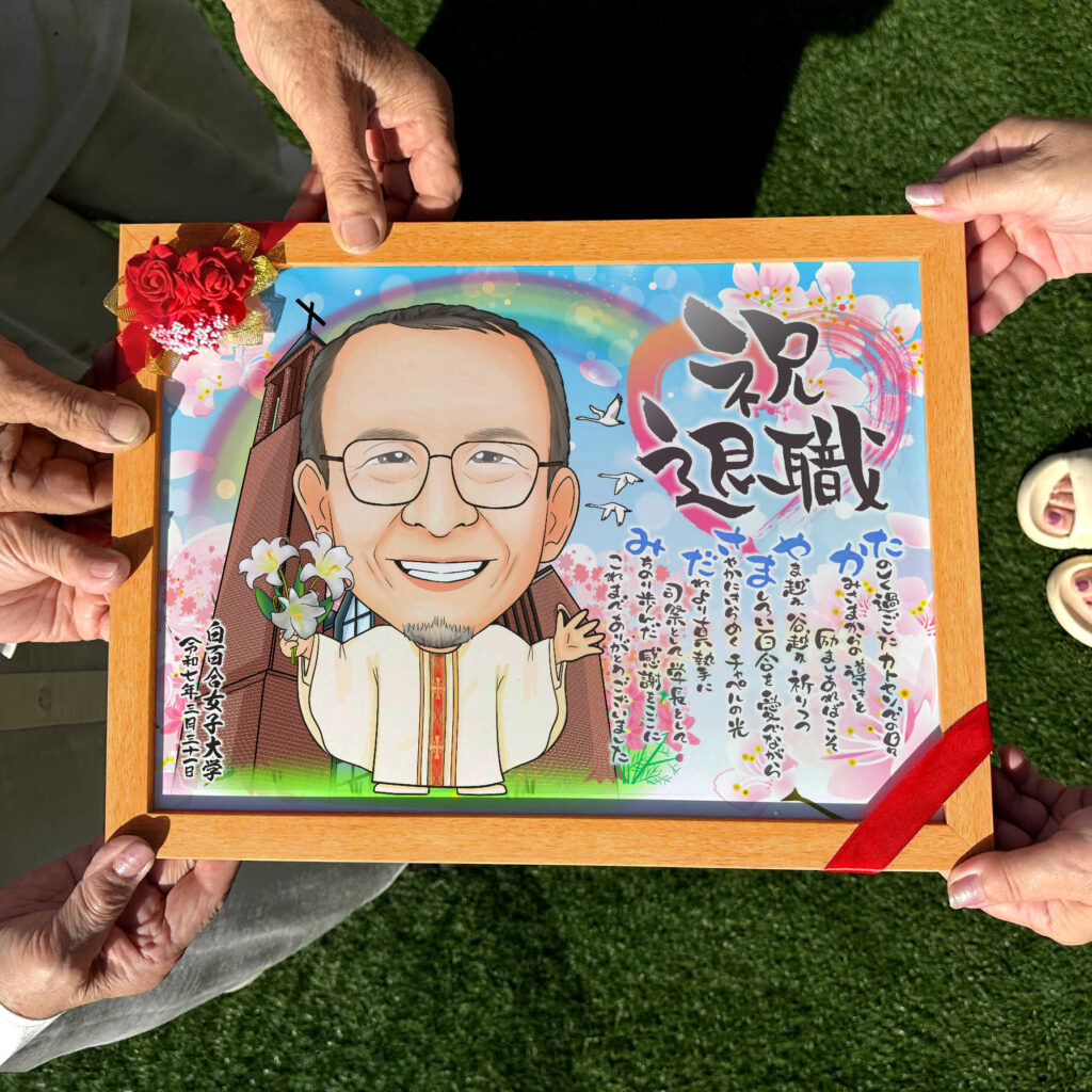 可愛い似顔絵プレゼント作品ギャラリー★退職祝いに人気!【建物と一緒に】 作品サンプル6