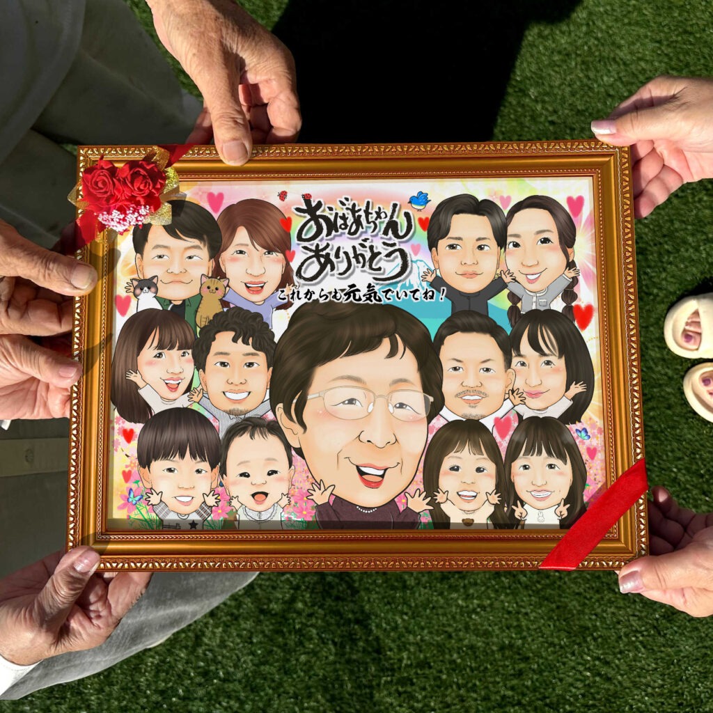 可愛い似顔絵プレゼント作品ギャラリー★大人数!【結婚祝いに人気】・【ペットと一緒に】 作品サンプル1