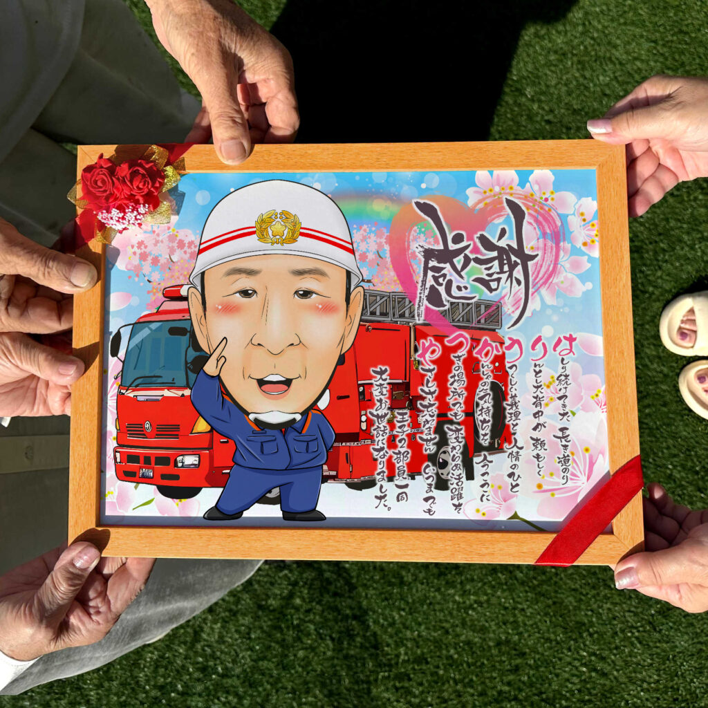 可愛い似顔絵プレゼント作品ギャラリー★車と一緒に!【退職祝いに人気】 作品サンプル12